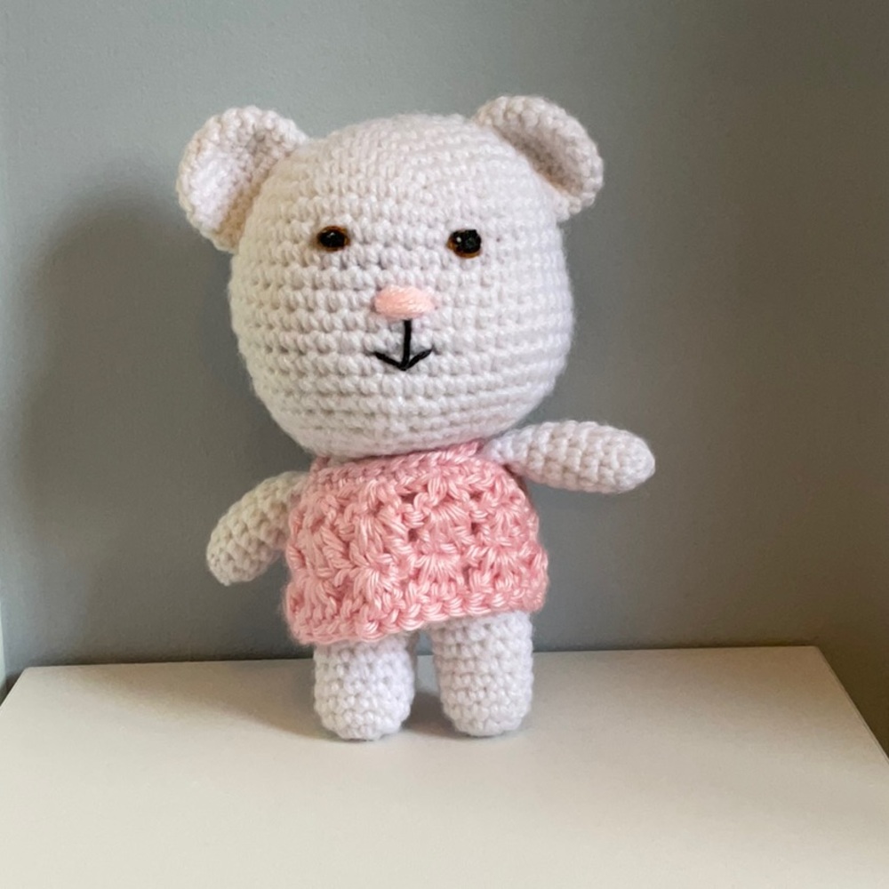 Crocheted Bear Plush Toy in Pink and White